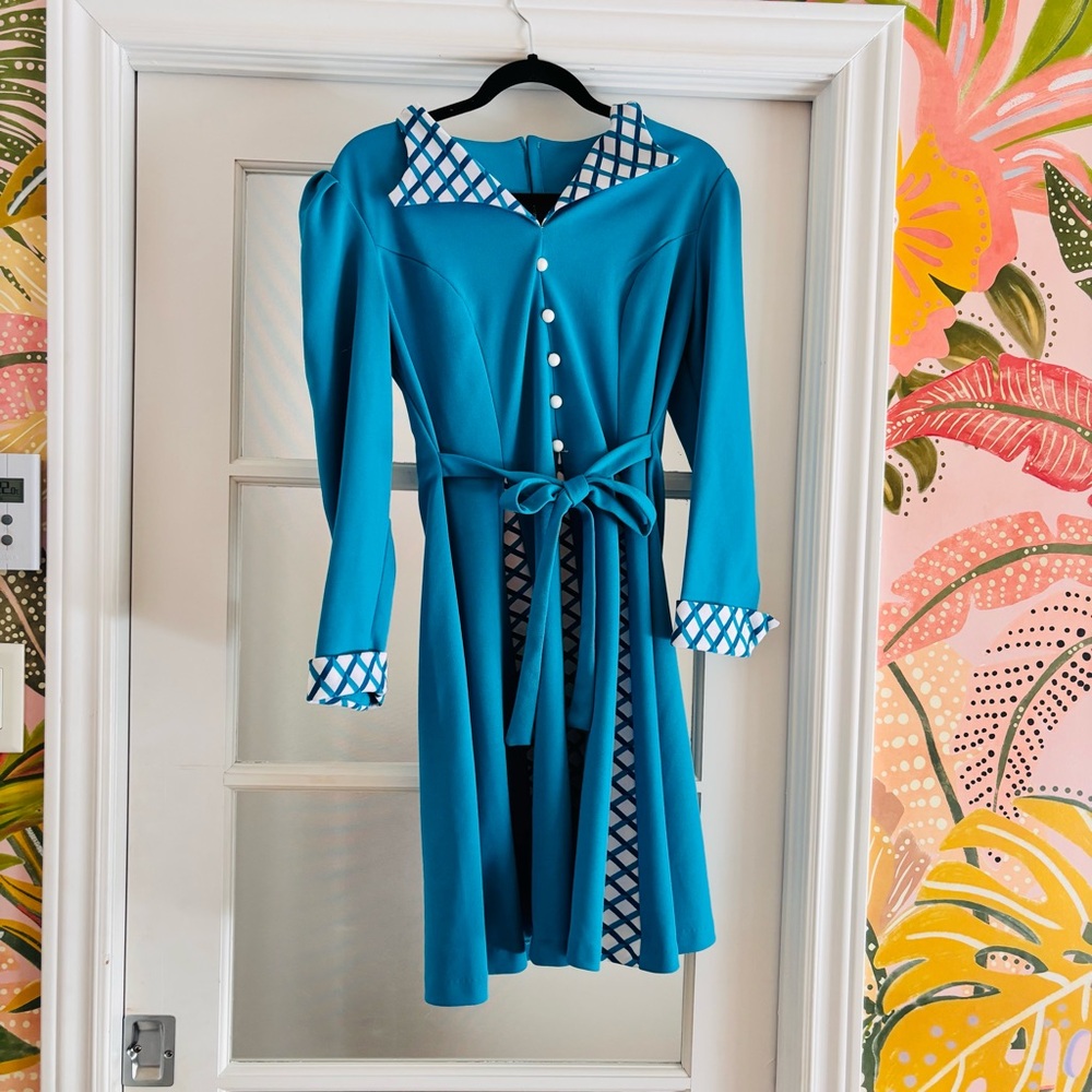 #13 Vintage dinner style Blue Dress with Geometric Details